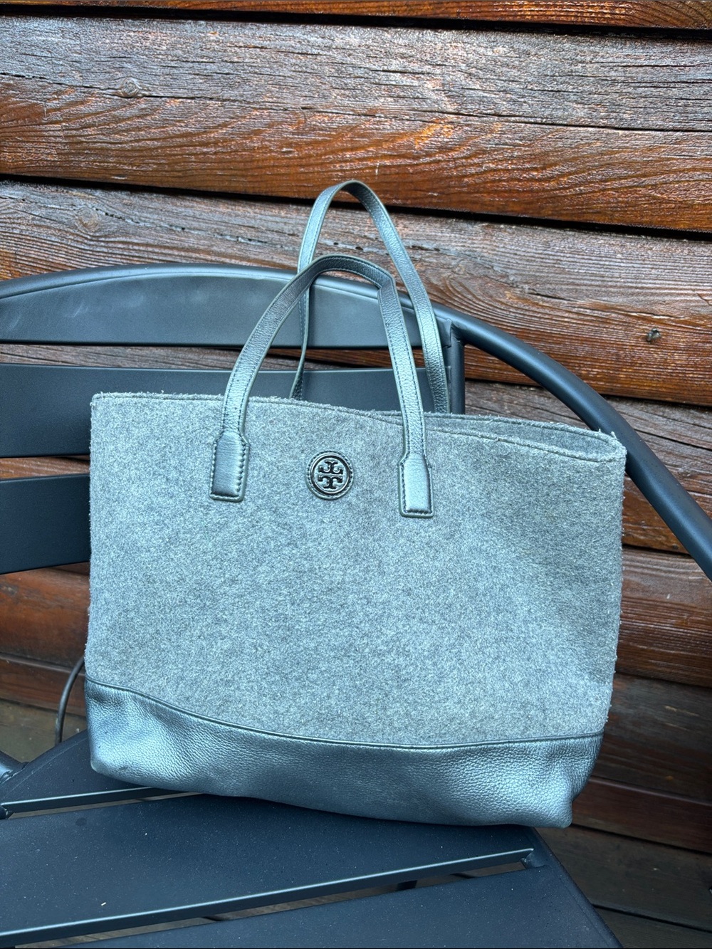 Tory Burch Gray Wool and Leather Tote